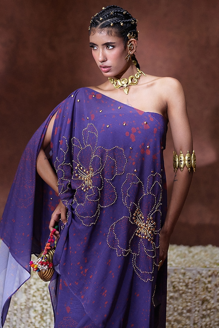 Purple Chiffon Sculpted One-Shoulder Kaftan Set by Payal & Zinal at Pernia's Pop Up Shop