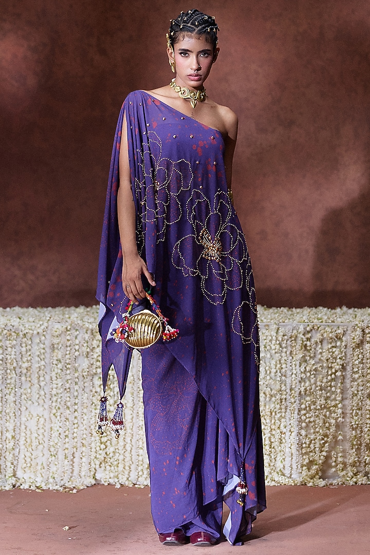 Purple Chiffon Sculpted One-Shoulder Kaftan Set by Payal & Zinal at Pernia's Pop Up Shop