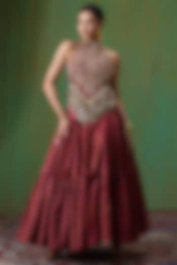 Maroon Twill Tiered Skirt Set by Payal & Zinal at Pernia's Pop Up Shop