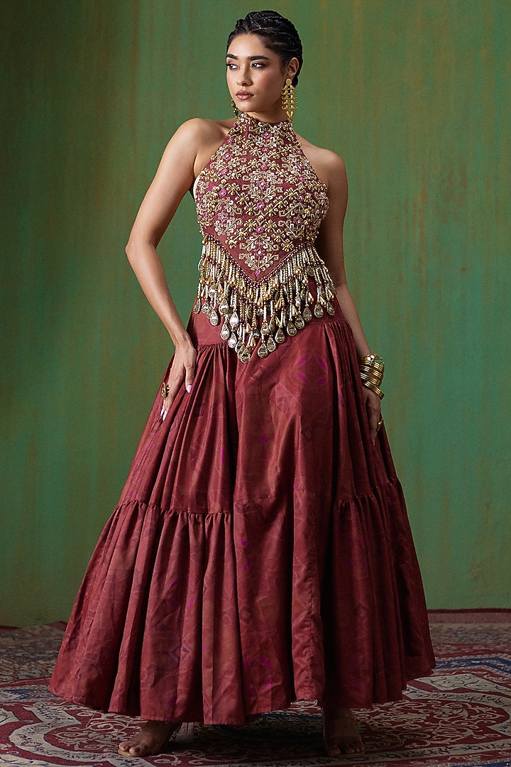 Maroon Twill Tiered Skirt Set by Payal & Zinal at Pernia's Pop Up Shop