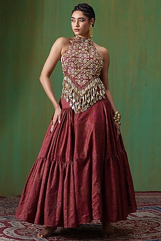 Maroon Twill Tiered Skirt Set by Payal & Zinal