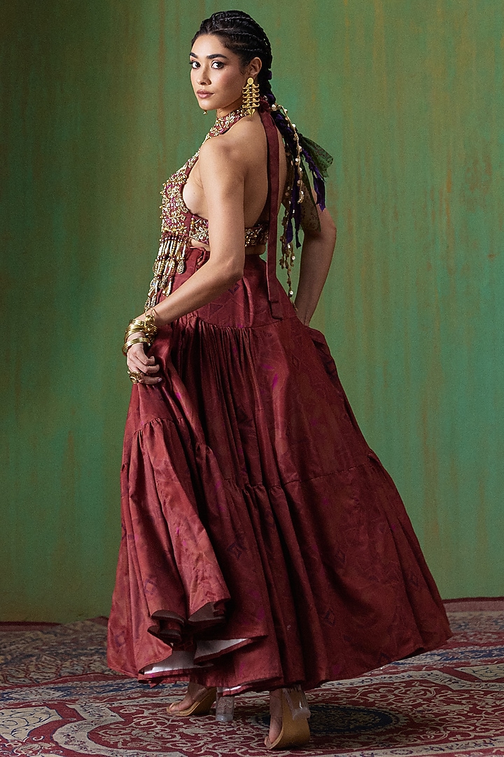 Maroon Twill Tiered Skirt Set by Payal & Zinal at Pernia's Pop Up Shop