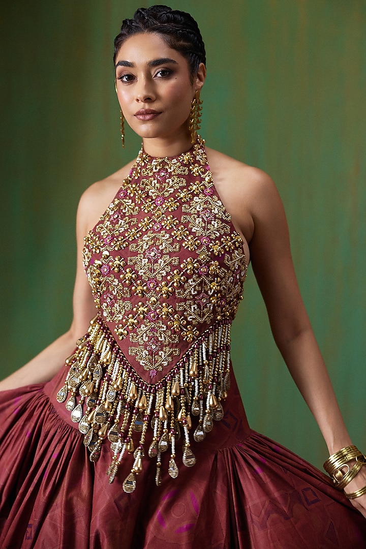 Maroon Twill Tiered Skirt Set by Payal & Zinal at Pernia's Pop Up Shop