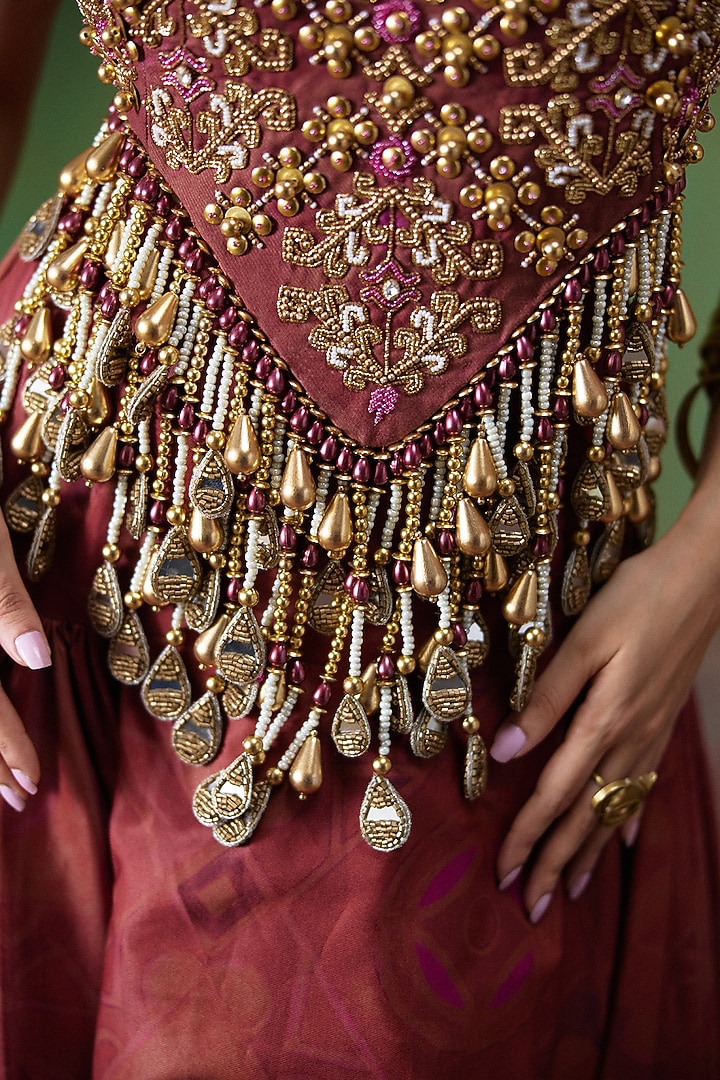 Maroon Twill Tiered Skirt Set by Payal & Zinal at Pernia's Pop Up Shop