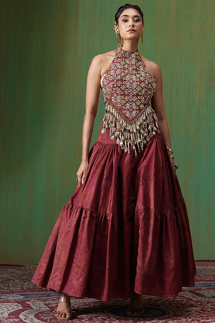 Maroon Twill Tiered Skirt Set by Payal & Zinal at Pernia's Pop Up Shop