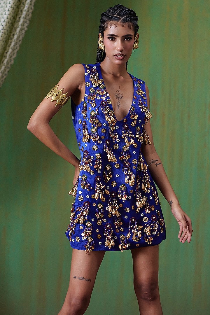 Electric Blue Gajji Tassels Embellished Mini Vacation Dress by Payal & Zinal at Pernia's Pop Up Shop