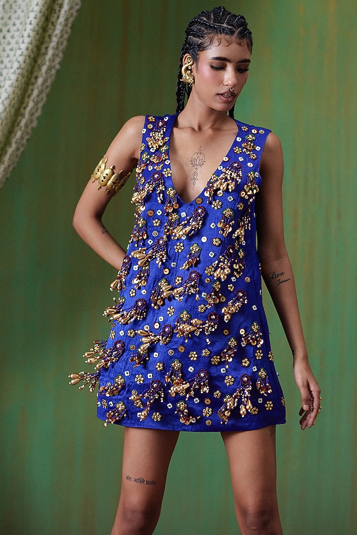 Electric Blue Gajji Tassels Embellished Mini Vacation Dress by Payal & Zinal at Pernia's Pop Up Shop
