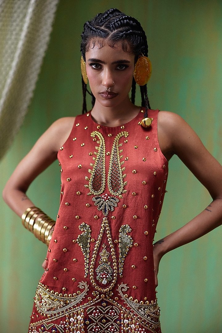Rust Red Gajji Embroidered Mini Vacation Dress by Payal & Zinal at Pernia's Pop Up Shop