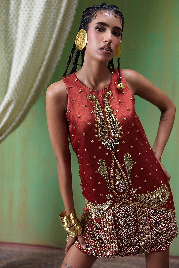 Rust Red Gajji Embroidered Mini Vacation Dress by Payal & Zinal at Pernia's Pop Up Shop