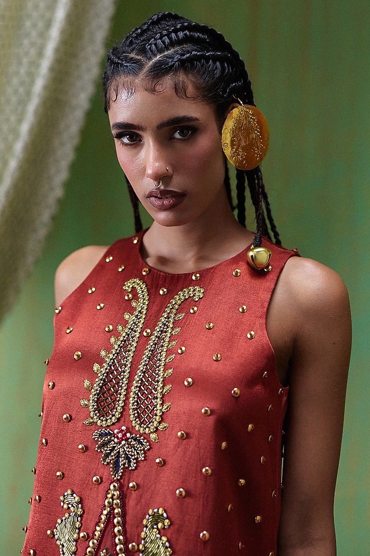 Rust Red Gajji Embroidered Mini Vacation Dress by Payal & Zinal at Pernia's Pop Up Shop