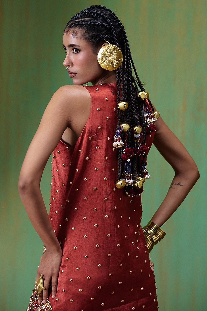 Rust Red Gajji Embroidered Mini Vacation Dress by Payal & Zinal at Pernia's Pop Up Shop