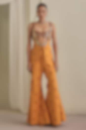 Orangish-Yellow Freezy Twill Sequins Embellished Pant Set by Payal & Zinal at Pernia's Pop Up Shop
