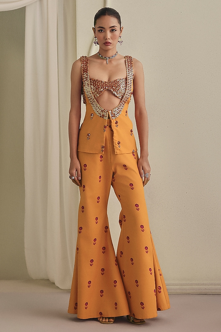 Orangish-Yellow Freezy Twill Sequins Embellished Pant Set by Payal & Zinal at Pernia's Pop Up Shop