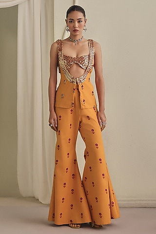 Orangish-Yellow Freezy Twill Sequins Embellished Pant Set by Payal & Zinal