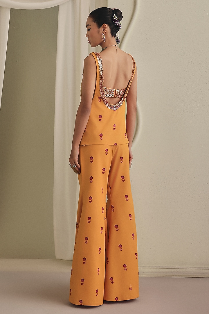Orangish-Yellow Freezy Twill Sequins Embellished Pant Set by Payal & Zinal at Pernia's Pop Up Shop