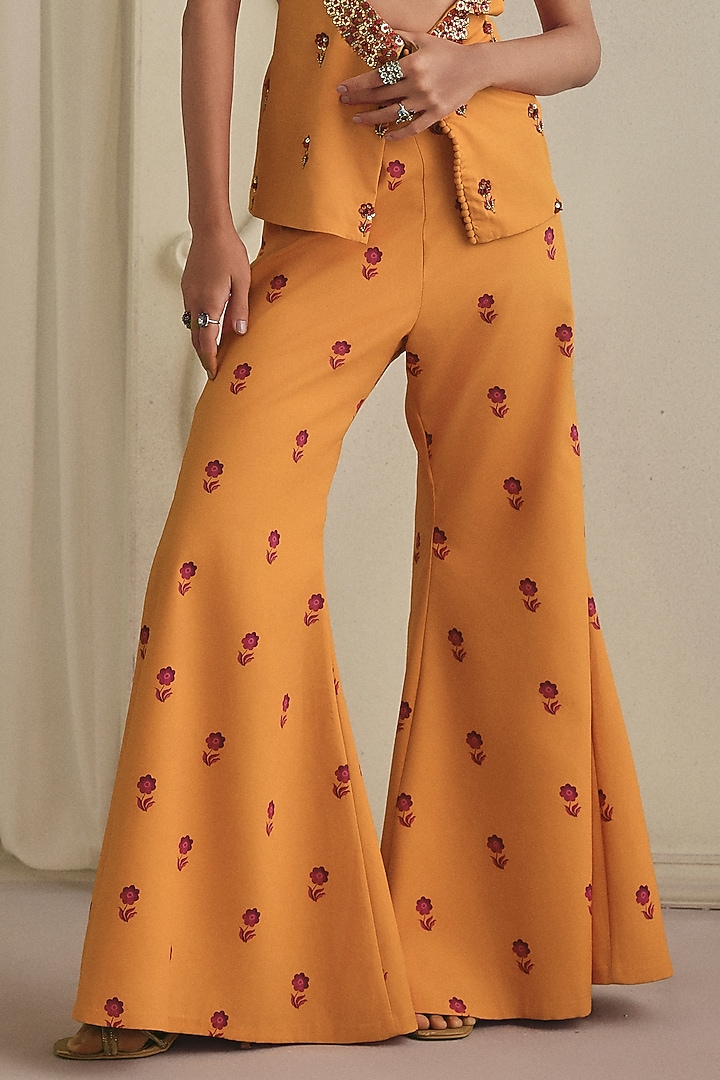 Orangish-Yellow Freezy Twill Sequins Embellished Pant Set by Payal & Zinal at Pernia's Pop Up Shop