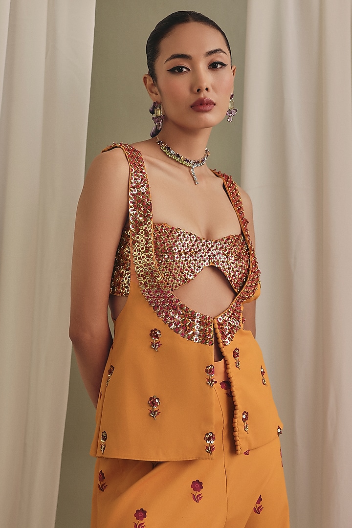 Orangish-Yellow Freezy Twill Sequins Embellished Pant Set by Payal & Zinal at Pernia's Pop Up Shop
