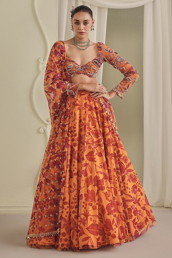 Orange & Pink Net Printed Wedding Lehenga Set by Payal & Zinal at Pernia's Pop Up Shop