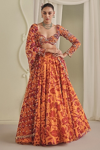 Orange & Pink Net Printed Lehenga Set by Payal & Zinal