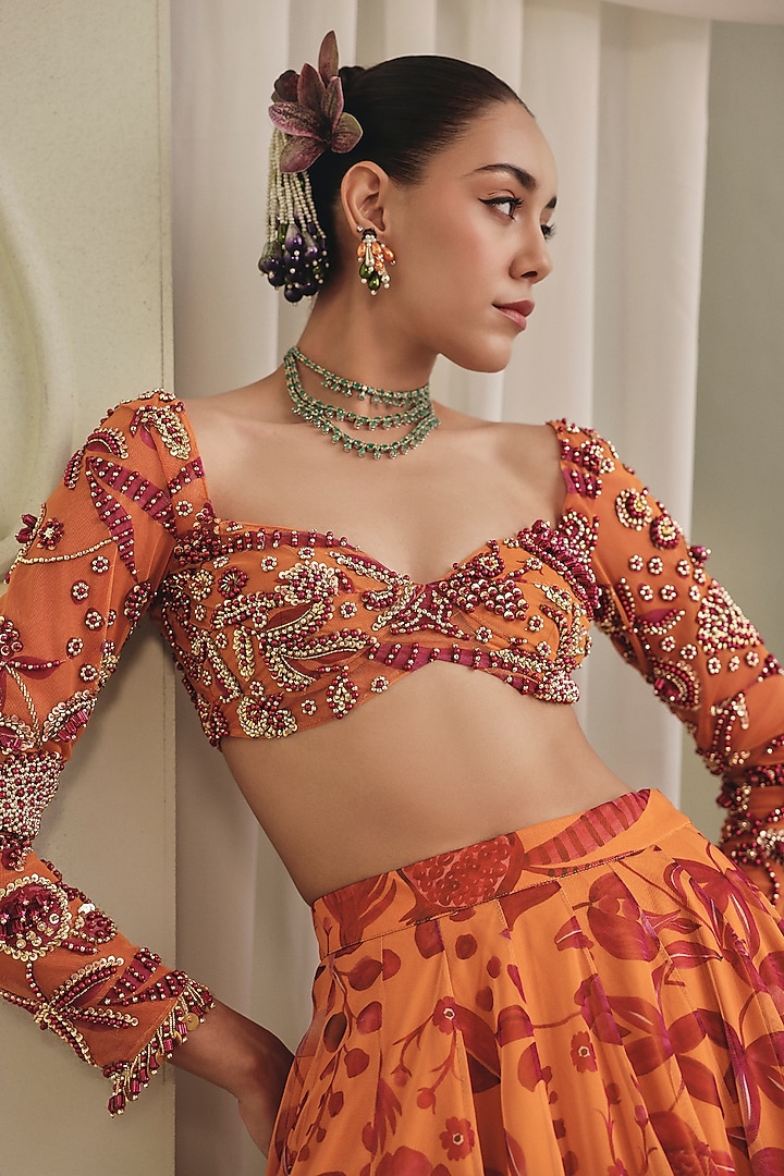 Orange & Pink Net Printed Wedding Lehenga Set by Payal & Zinal at Pernia's Pop Up Shop