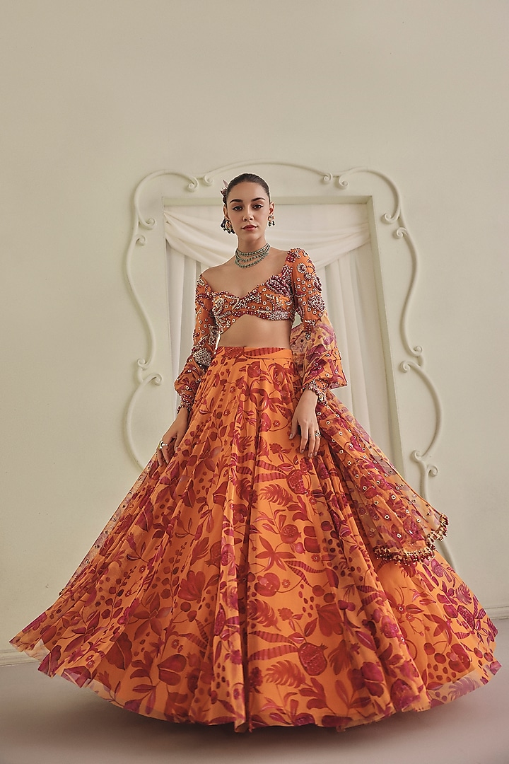Orange & Pink Net Printed Wedding Lehenga Set by Payal & Zinal at Pernia's Pop Up Shop