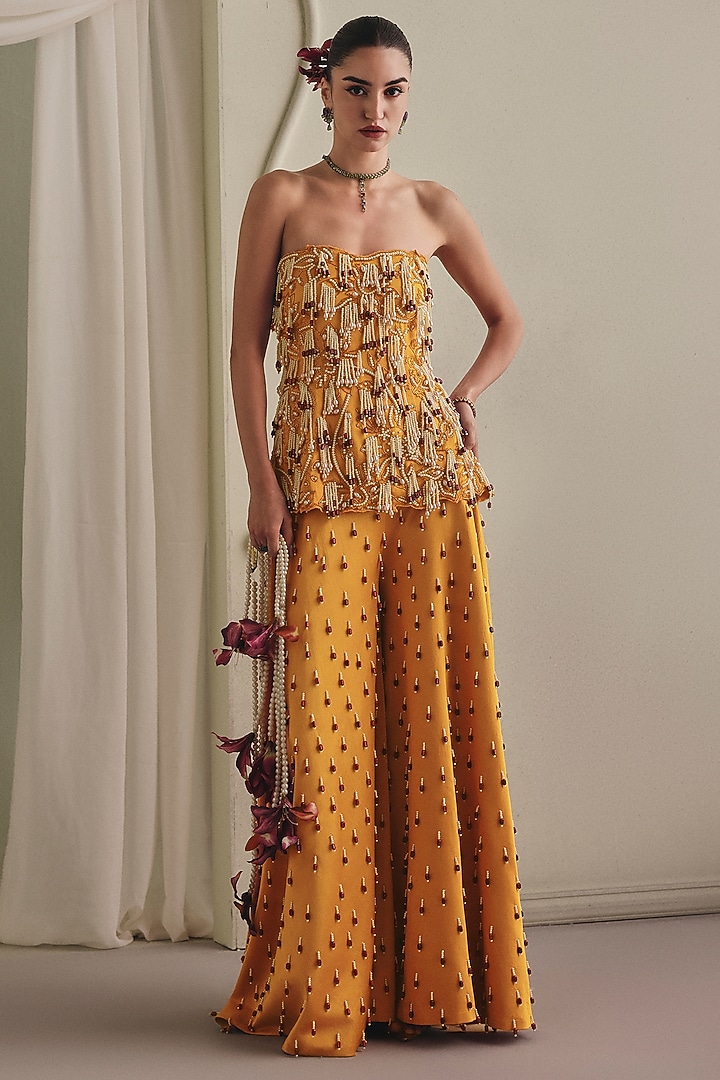 Yellow Gajji Silk Cutdana Embellished Co-Ord Set by Payal & Zinal at Pernia's Pop Up Shop
