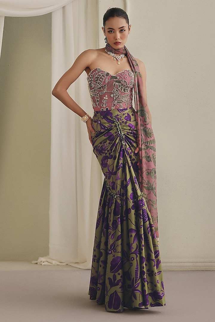 Olive Green Net Printed Ruched Draped Skirt Set by Payal & Zinal at Pernia's Pop Up Shop