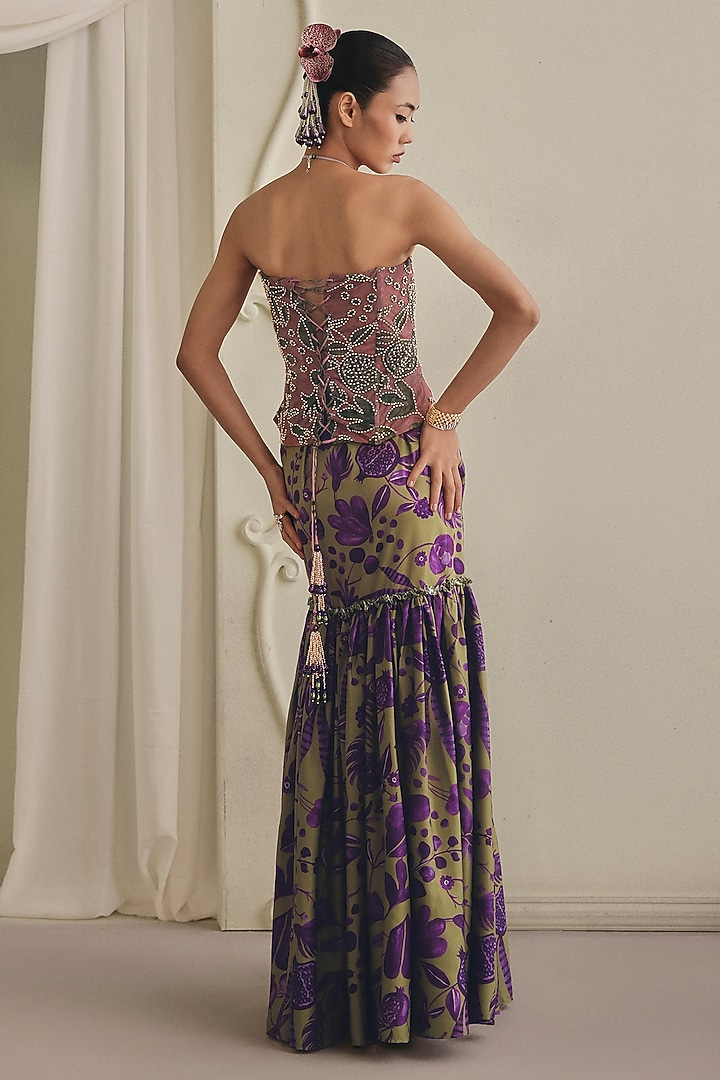 Olive Green Net Printed Ruched Draped Skirt Set by Payal & Zinal at Pernia's Pop Up Shop
