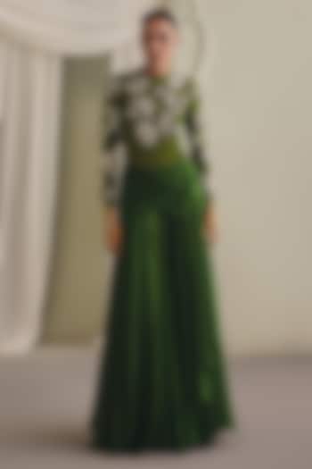 Olive Green Mulberry Satin Draped Skirt Set by Payal & Zinal at Pernia's Pop Up Shop