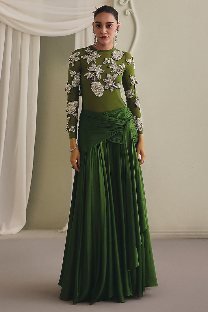 Olive Green Mulberry Satin Draped Skirt Set by Payal & Zinal at Pernia's Pop Up Shop