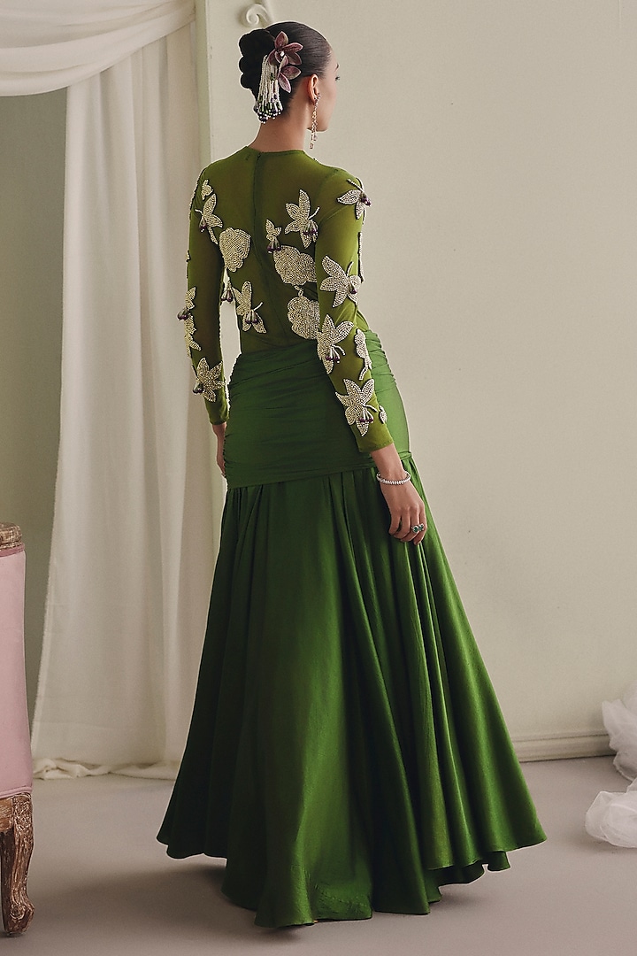 Olive Green Mulberry Satin Draped Skirt Set by Payal & Zinal at Pernia's Pop Up Shop