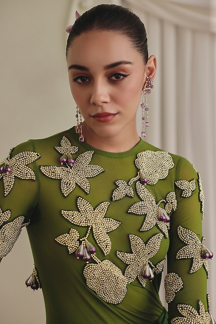 Olive Green Mulberry Satin Draped Skirt Set by Payal & Zinal at Pernia's Pop Up Shop