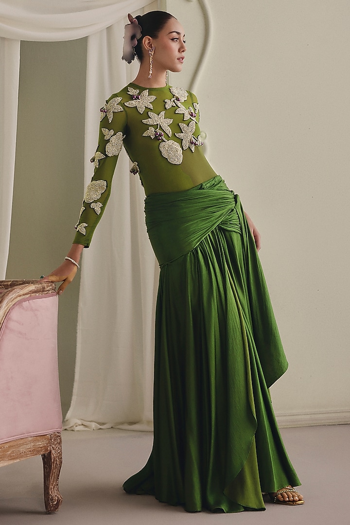 Olive Green Mulberry Satin Draped Skirt Set by Payal & Zinal at Pernia's Pop Up Shop