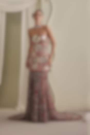 Dusky Pink Net & Gajji Silk Beads Embroidered Strapless Wedding Gown by Payal & Zinal at Pernia's Pop Up Shop