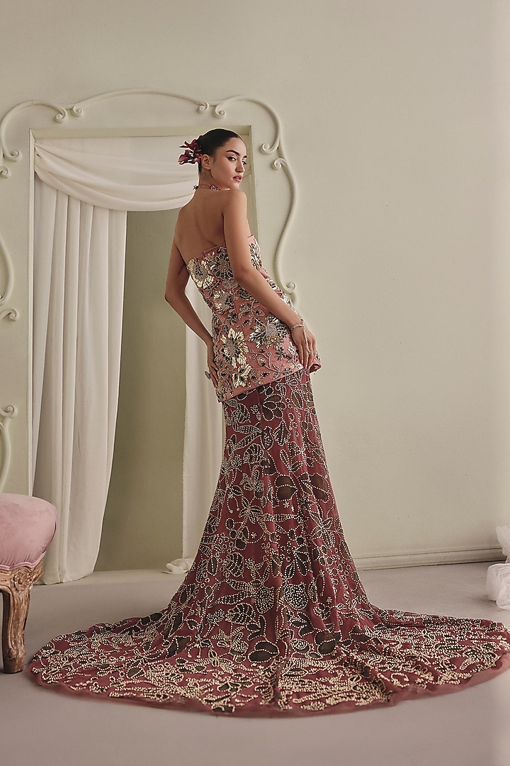 Dusky Pink Net & Gajji Silk Beads Embroidered Strapless Wedding Gown by Payal & Zinal at Pernia's Pop Up Shop