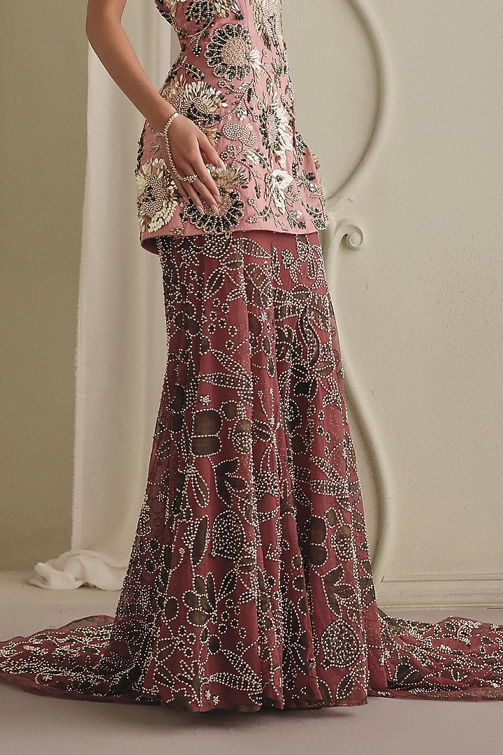 Dusky Pink Net & Gajji Silk Beads Embroidered Strapless Wedding Gown by Payal & Zinal at Pernia's Pop Up Shop