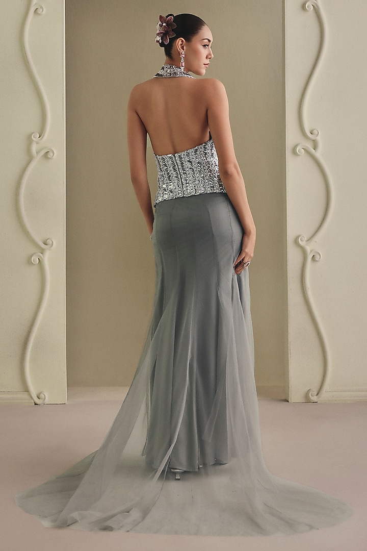 Light Grey Net Mermaid Skirt Set by Payal & Zinal at Pernia's Pop Up Shop