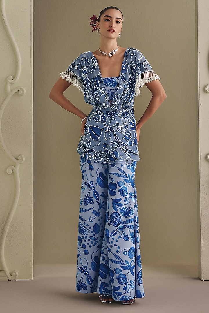 Blue Net & Twill Printed Bell-Bottom Pant Set by Payal & Zinal at Pernia's Pop Up Shop