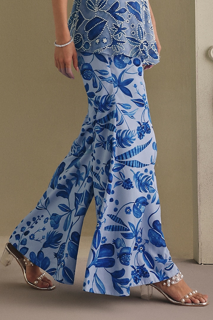 Blue Net & Twill Printed Bell-Bottom Pant Set by Payal & Zinal at Pernia's Pop Up Shop