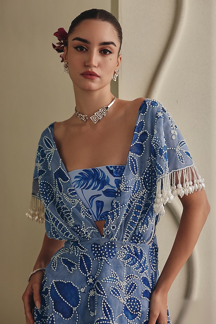 Blue Net & Twill Printed Bell-Bottom Pant Set by Payal & Zinal at Pernia's Pop Up Shop