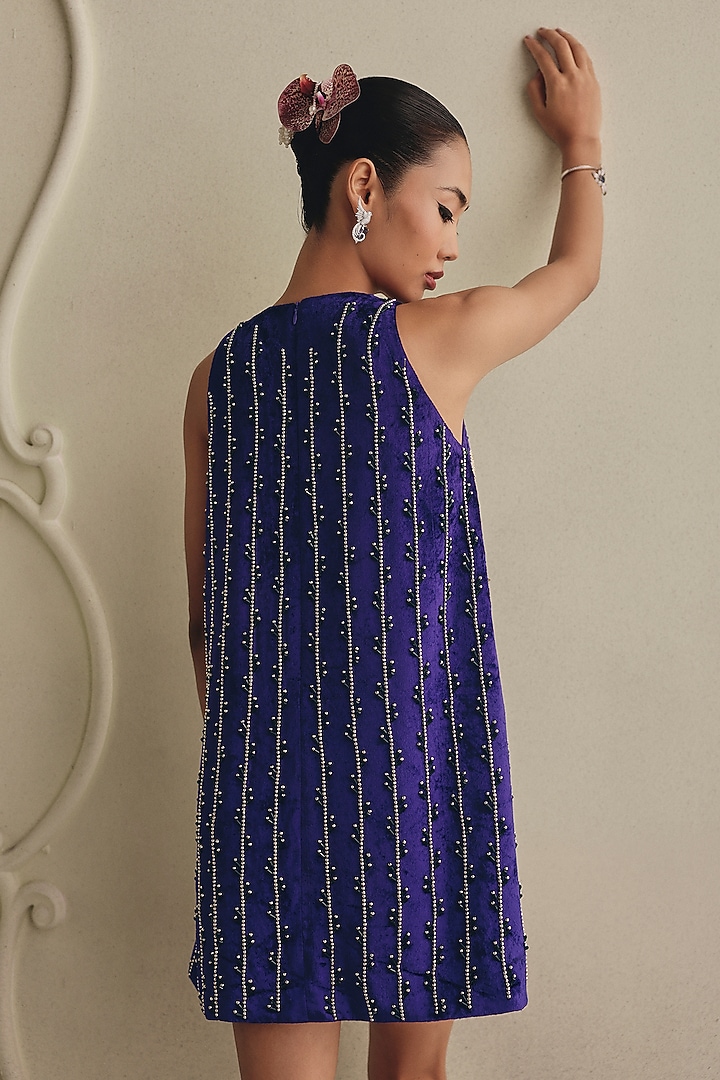 Purple Velvet 3D Floral Embellished Mini Cocktail Dress by Payal & Zinal at Pernia's Pop Up Shop