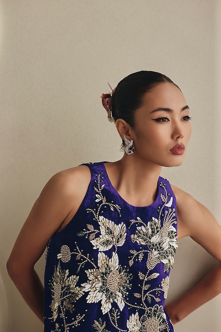 Purple Velvet 3D Floral Embellished Mini Cocktail Dress by Payal & Zinal at Pernia's Pop Up Shop