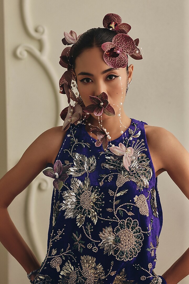 Purple Velvet 3D Floral Embellished Mini Cocktail Dress by Payal & Zinal at Pernia's Pop Up Shop