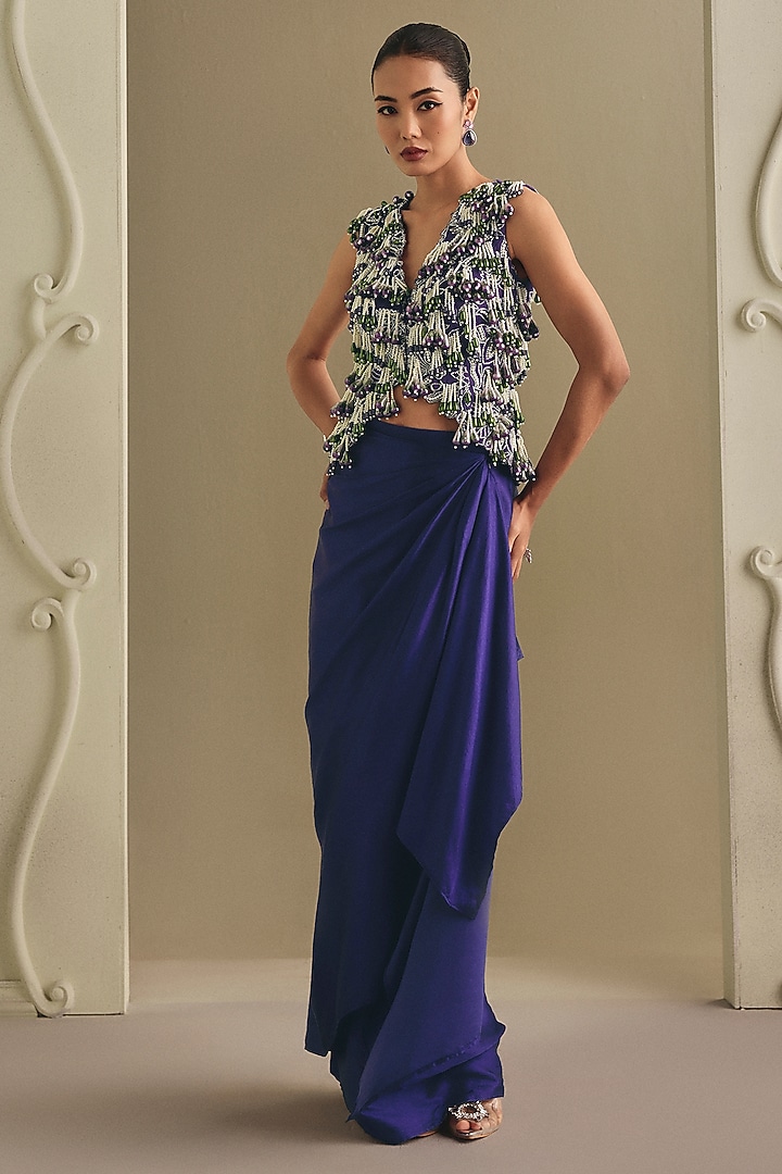 Violet Mulberry Satin Draped Skirt Set by Payal & Zinal at Pernia's Pop Up Shop