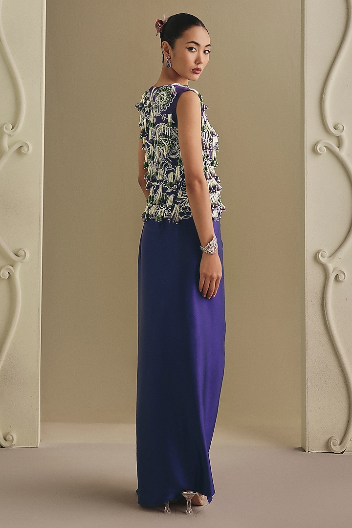 Violet Mulberry Satin Draped Skirt Set by Payal & Zinal at Pernia's Pop Up Shop