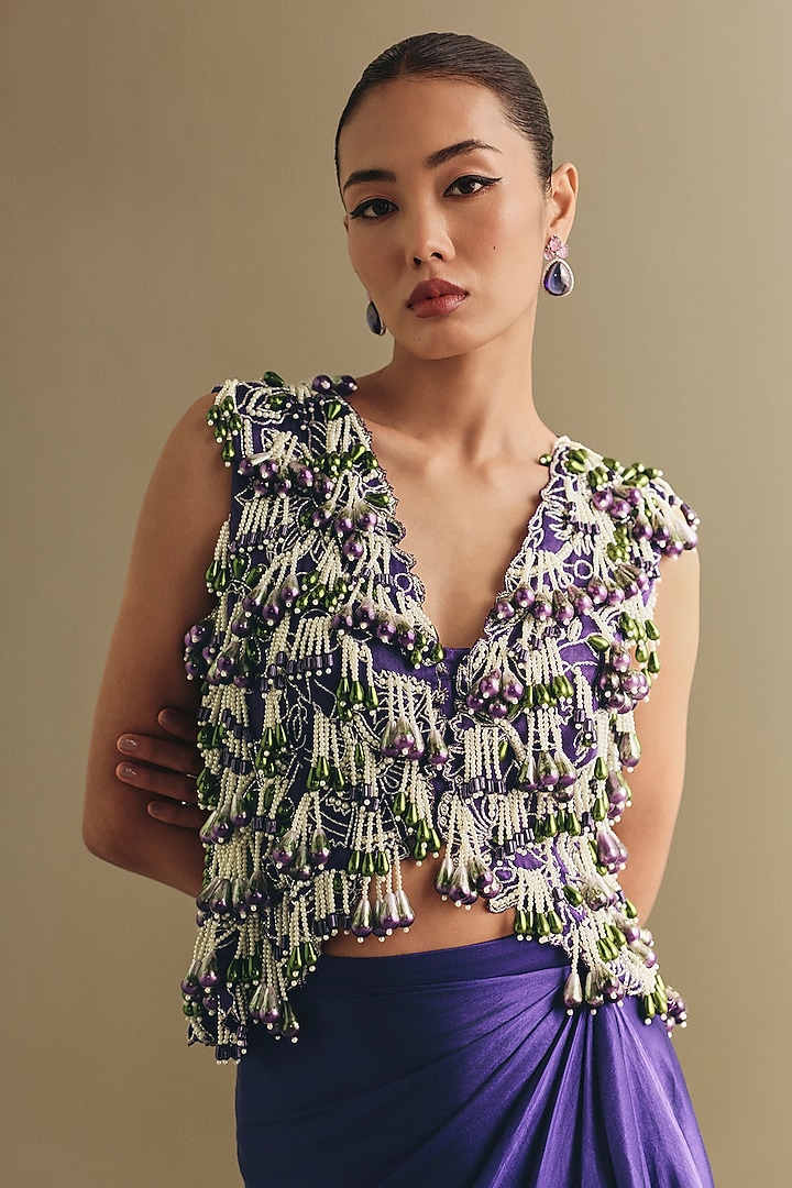 Violet Mulberry Satin Draped Skirt Set by Payal & Zinal at Pernia's Pop Up Shop