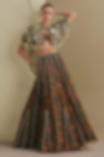 Olive Green & Orange Net Floral Printed Wedding Lehenga Set by Payal & Zinal at Pernia's Pop Up Shop