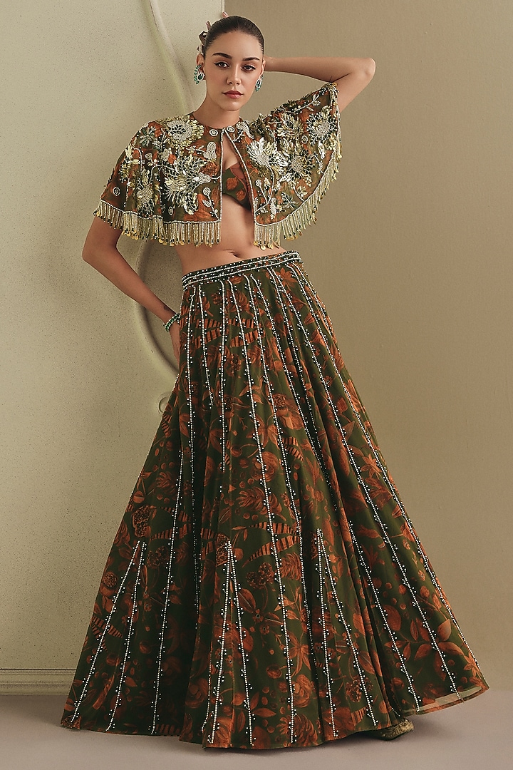 Olive Green & Orange Net Floral Printed Wedding Lehenga Set by Payal & Zinal at Pernia's Pop Up Shop