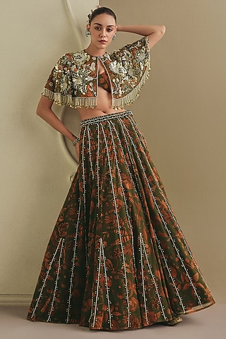 Olive Green & Orange Net Floral Printed Lehenga Set by Payal & Zinal