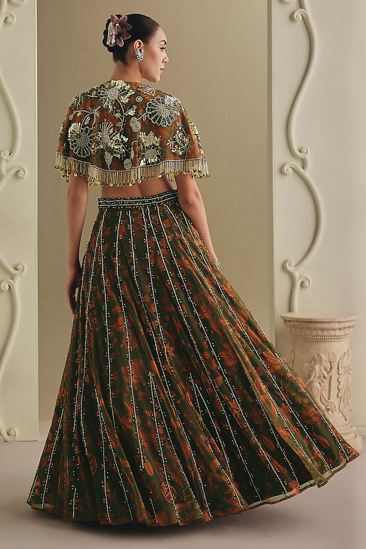Olive Green & Orange Net Floral Printed Wedding Lehenga Set by Payal & Zinal at Pernia's Pop Up Shop